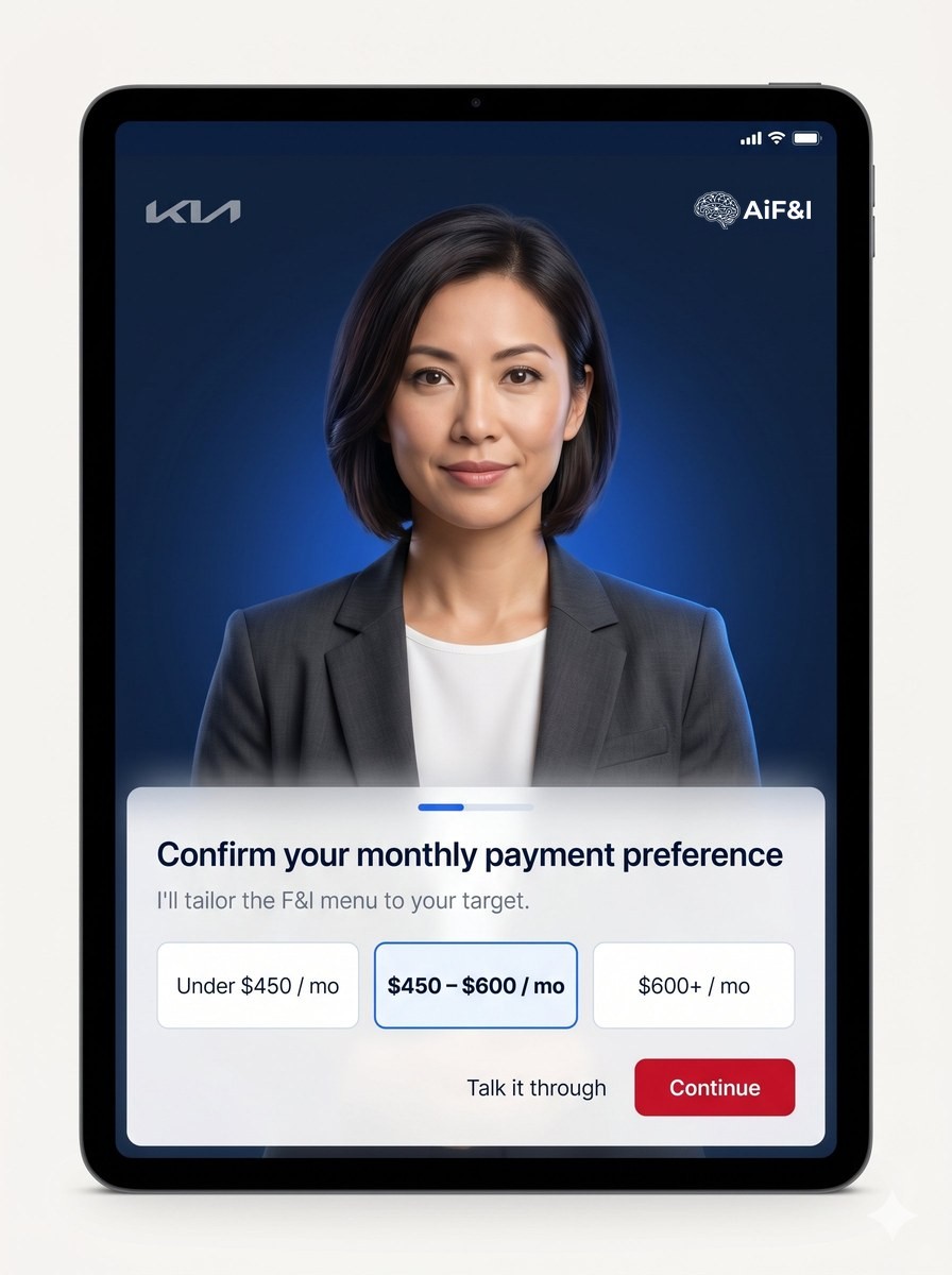 AiF&I Customer Advocate on tablet, asking customer to confirm monthly payment preference